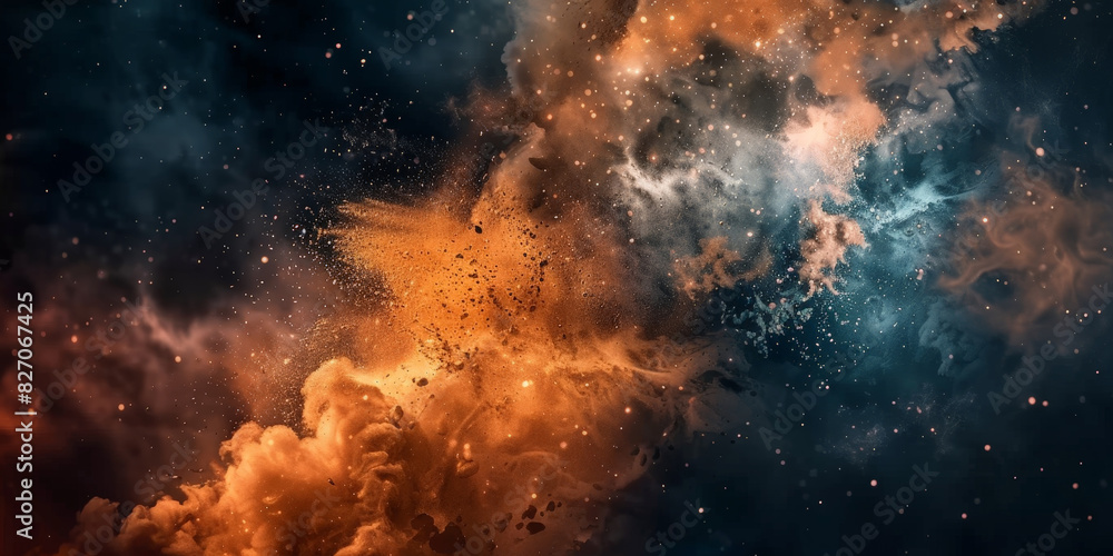 close up of an explosion in space, dark background, dust and smoke, Colorful explosion of dust and particles in blue and orange, creating a vibrant and dynamic scene with contrasting colors and intric close up of an explosion in space, dark background, dust and smoke, Colorful explosion of dust and particles in blue and orange, creating a vibrant and dynamic scene with contrasting colors and intric