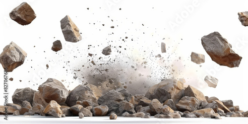 Explosion of rocks with debris scattering in all directions, capturing a powerful moment of destruction and energy with flying fragments and dust in a dynamic scene.
 photo