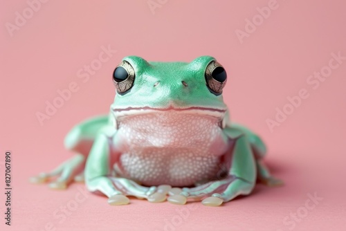 A Green Tree Frog on a Pink Background photo