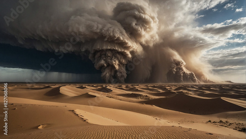 Sandstorm, hurricane in a lifeless hot desert, natural disaster.
