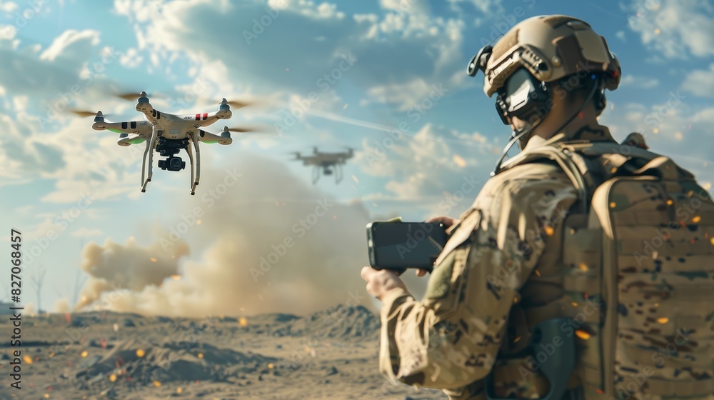 Fototapeta premium Military soldier controls drone for reconnaissance operation of enemy positions. Concept using quadrocopters in smart war