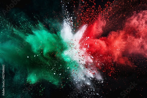 Tricolour, Vivid Explosion of Green, White, and Red Colors in a Dark Background Captured During the Night photo