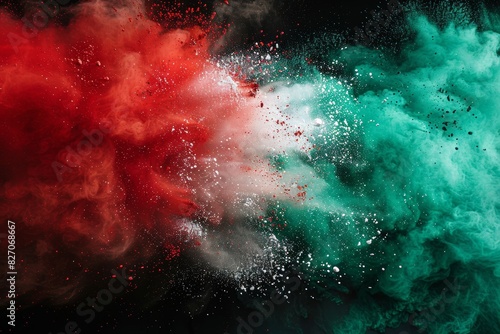Tricolour, Vibrant Explosion of Red, Green, and White Powder Against Black Background at Night photo