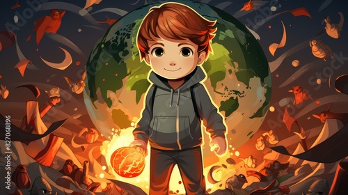 Vibrant chibistyle digital painting depicting global warming with vivid colors and pastel tones. photo