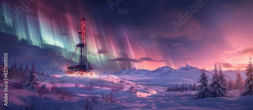 Drilling Rigs Ethereal Northern Lights Encounter in a Snowy Landscape photo