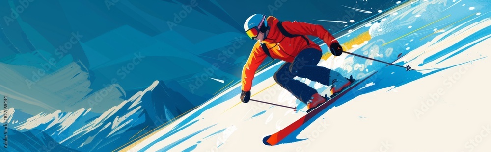 Naklejka premium Outdoor sports, draw a skier skiing downhill on an illustration, use shapes and colors in the picture to express the relationship between the skier and the downhill, and add some daily necessities to 