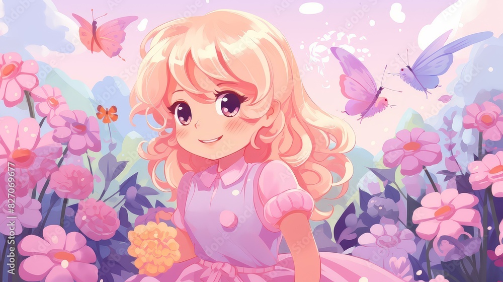Vibrant garden scene in chibi style with vivid, pastel colors and a cartoony, stylized look through digital painting and vector art. Vibrant garden scene in chibi style with vivid, pastel colors and a cartoony, stylized look through digital painting and vector art.