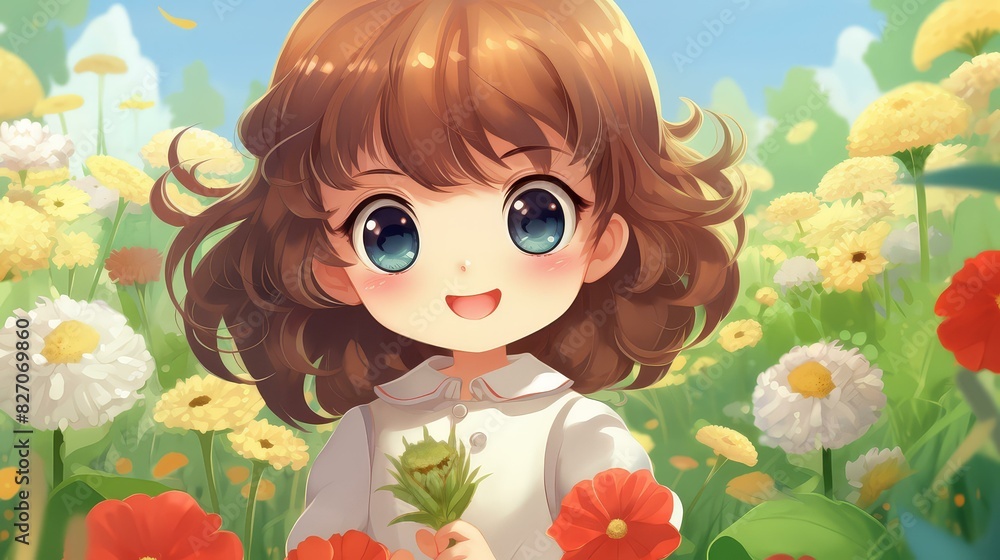Vibrant garden scene in chibi style with vivid, pastel colors and a cartoony, stylized look through digital painting and vector art. Vibrant garden scene in chibi style with vivid, pastel colors and a cartoony, stylized look through digital painting and vector art.