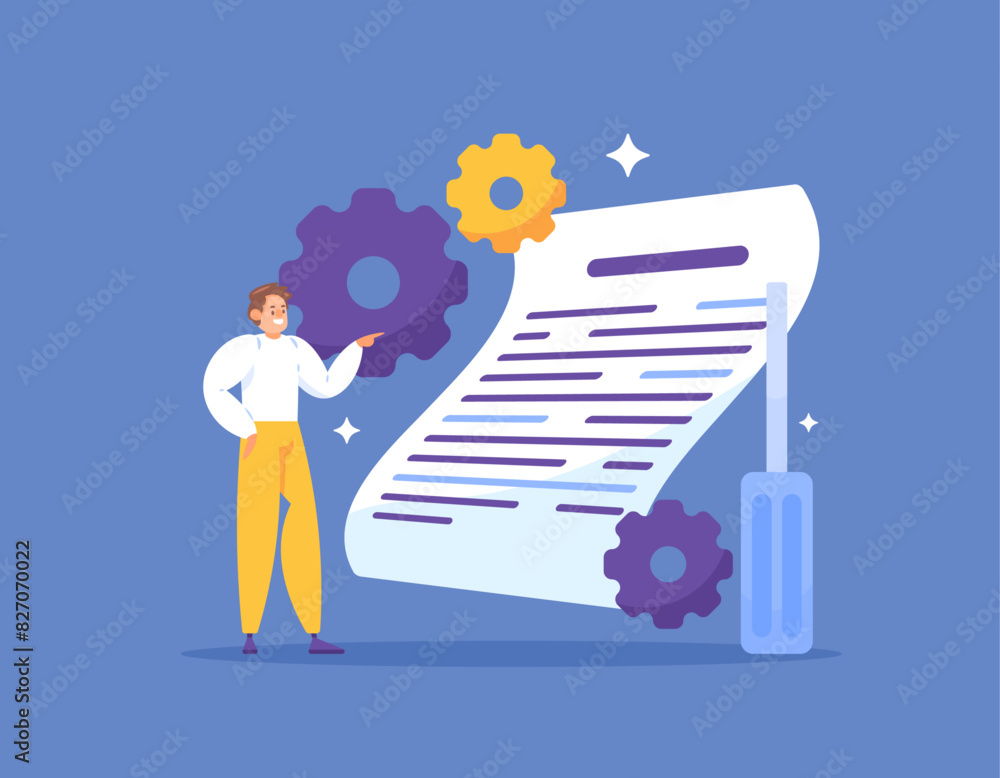 Technical Writer Concept. Create writing content related to the technicalities of a product or service. A man with a gear, a screwdriver, and a sheet of paper. illustration concept design. graphic ele Technical Writer Concept. Create writing content related to the technicalities of a product or service. A man with a gear, a screwdriver, and a sheet of paper. illustration concept design. graphic ele