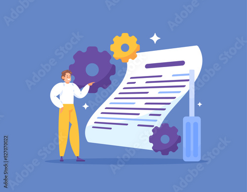 Technical Writer Concept. Create writing content related to the technicalities of a product or service. A man with a gear, a screwdriver, and a sheet of paper. illustration concept design. graphic ele photo