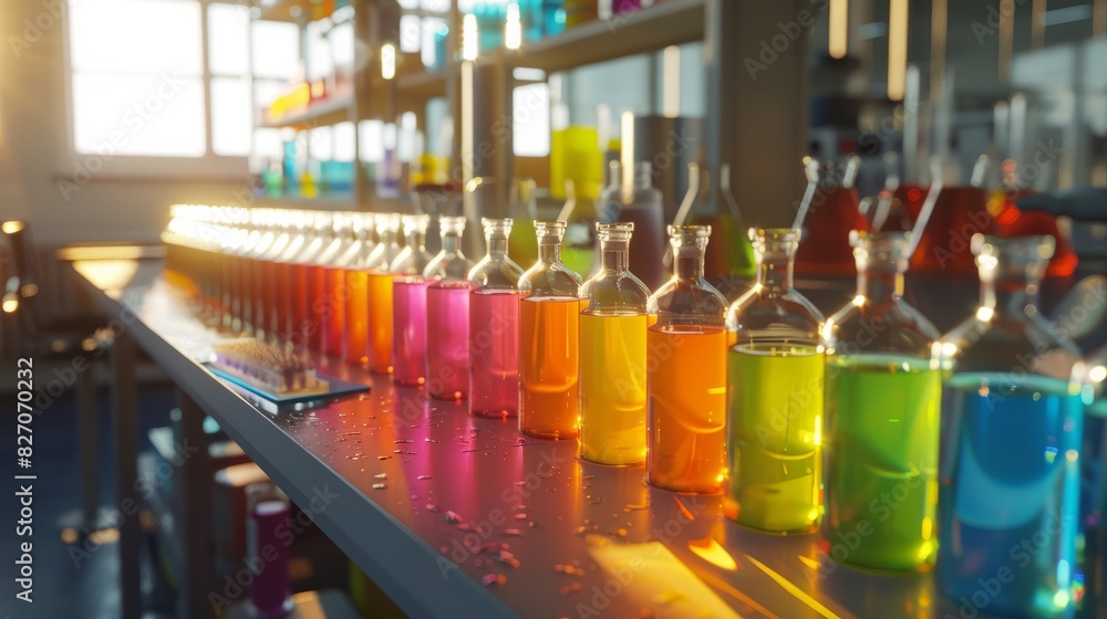 Vials of colorful bioinks lined up on a laboratory bench, each color representing a different cell type or material for 3D printing. The sunlight streaming through a nearby window Vials of colorful bioinks lined up on a laboratory bench, each color representing a different cell type or material for 3D printing. The sunlight streaming through a nearby window