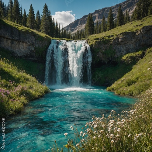 Turquoise water cascading down a waterfall into a flower-filled meadow. 
