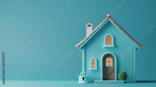 Render of a toy house with a security concept on a minimal blue background © wasan