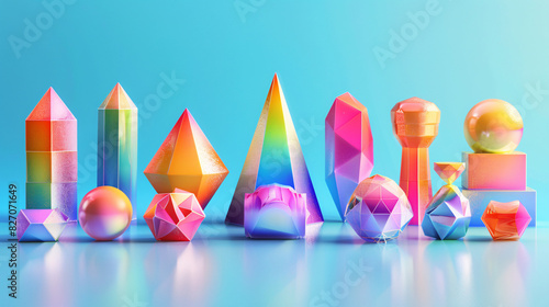 Set of colorful 3D geometric figures with gradient effects