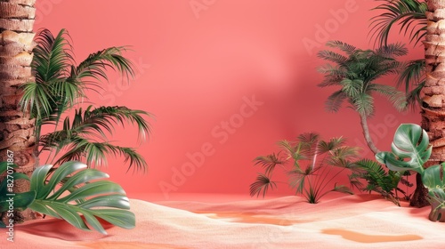 3d tropical background with palm trees  sand and plants on isolated pastel red background with space for copy