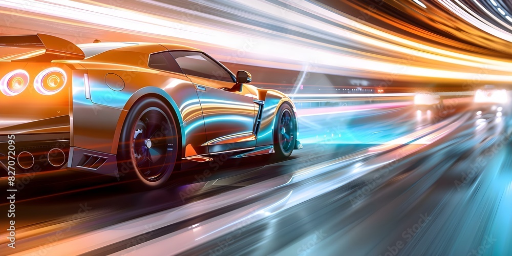 D Render of a Neon-lit Sports Car Speeding on Highway with Colorful Lights. Concept Neon Sports Car, Highway Speed, Colorful Lights, 3D Rendering, High-Speed Photography