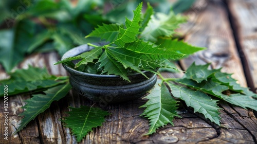 Neem leaves as herbal remedy in skin care beauty products and creams photo