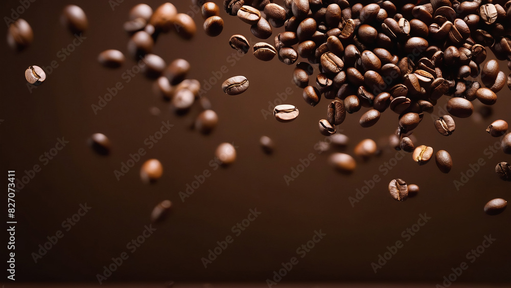 Roasted coffee beans, many beans lie and float, isolated, on a brown background. generative ai Roasted coffee beans, many beans lie and float, isolated, on a brown background. generative ai
