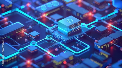 Wallpaper Mural A computer circuit board with a cube resting on top of it, showing a blend of technology and geometric shapes. Torontodigital.ca