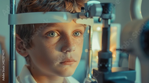 portrait of a Caucasian boy 10 years old having his eyesight checked in an ophthalmologist's office in a clinic photo