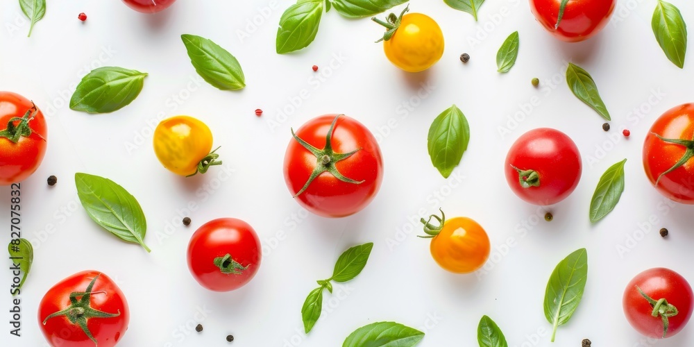 Assorted tomatoes with basil leaves on a white background Assorted tomatoes with basil leaves on a white background