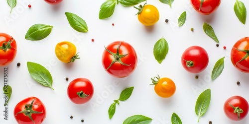 Assorted tomatoes with basil leaves on a white background