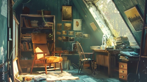 Cozy attic room with vintage furniture, bookshelves, and sunlight streaming through a large skylight window. Rustic workspace in warm tones.