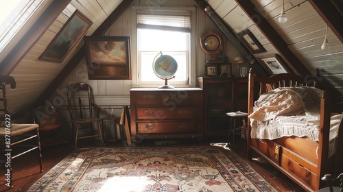 Cozy attic bedroom with vintage furniture, featuring a globe, paintings, and a large rug under natural light from the window.