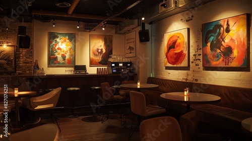 Cozy modern art cafe with ambient lighting, round tables, and cushioned chairs. Vibrant paintings adorn the walls, creating a warm atmosphere.