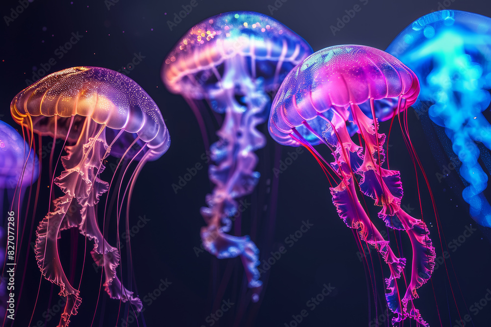 Neon Glowing Jellyfish on Dark Background Neon Glowing Jellyfish on Dark Background