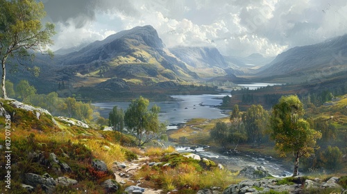 Fototapeta Naklejka Na Ścianę i Meble -  Majestic Mountain Wilderness: Tranquil River Meandering Through Stunning Landscape