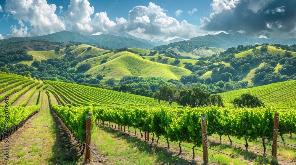 Fototapeta premium Serene Vineyard Landscape with Lush Grapevines and Scenic Rolling Hills under Blue Sky