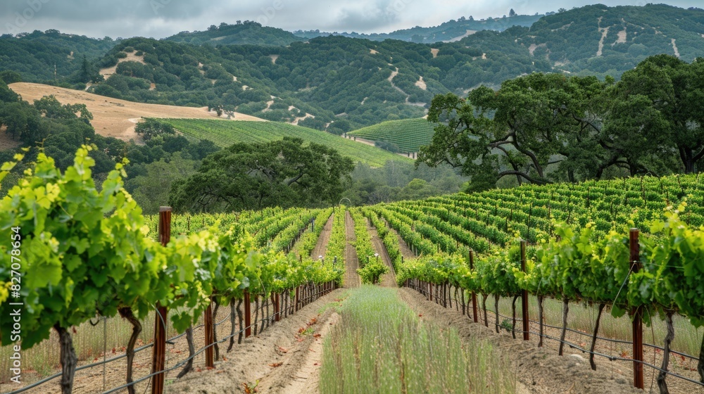 Serene Vineyard Landscape: Grapevines Against Rolling Hills in Idyllic Setting Serene Vineyard Landscape: Grapevines Against Rolling Hills in Idyllic Setting