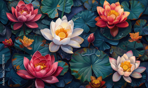 Vivid illustration of blooming lotuses with lush green leaves. Generate AI