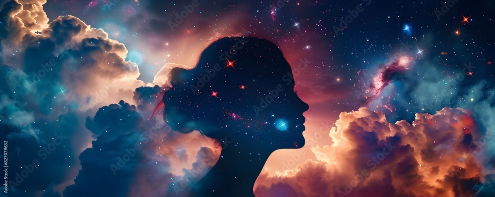Craft a mesmerizing highangle view double exposure Blend a womans silhouette with vivid celestial bodies using striking contrasts and ethereal colors for a surreal Craft a mesmerizing highangle view double exposure Blend a womans silhouette with vivid celestial bodies using striking contrasts and ethereal colors for a surreal