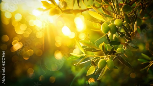 A beautiful olive tree branch with green olives against blurred nature background at sunset