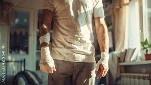 a man's broken arm in a plaster cast standing at home or at office on rehabilitation after injury. Patient wearing sling or bandage. photo