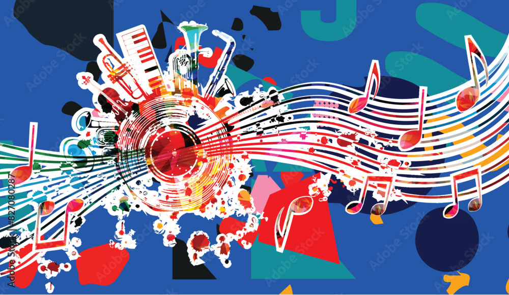 Obraz premium Music background with colorful music instruments and vinyl record disc vector illustration. Music festival poster with double bell euphonium, violoncello, trumpet, piano, euphonium, sax and guitar.