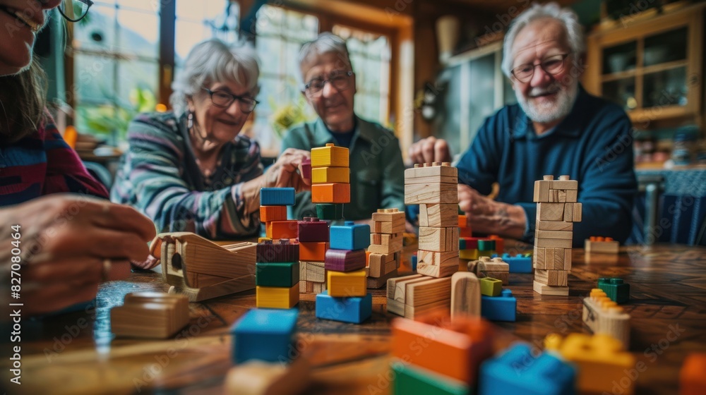 A group of senior men and women playing with wooden blocks for dementia therapy in a nursing home are enjoying the activity sitting at a table. A group of senior men and women playing with wooden blocks for dementia therapy in a nursing home are enjoying the activity sitting at a table.