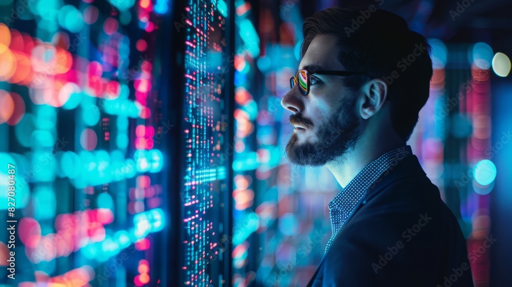A man stands in front of a vibrant wall of colorful lights, looking towards the camera. A man stands in front of a vibrant wall of colorful lights, looking towards the camera.