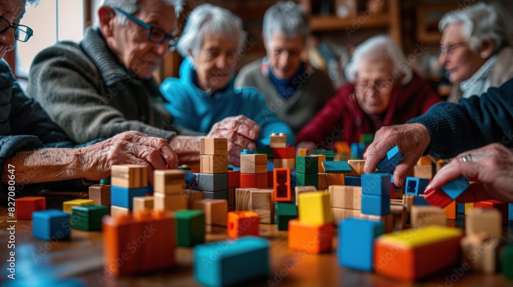 A group of senior men and women playing with wooden blocks for dementia therapy in a nursing home are enjoying the activity sitting at a table. A group of senior men and women playing with wooden blocks for dementia therapy in a nursing home are enjoying the activity sitting at a table.