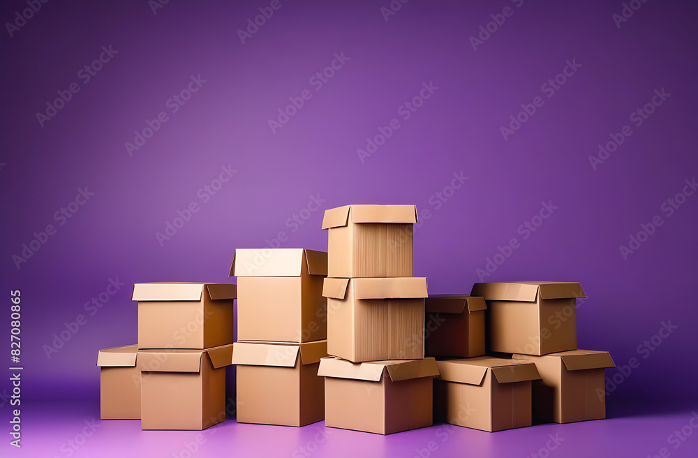 tower of cardboard boxes on a purple background tower of cardboard boxes on a purple background