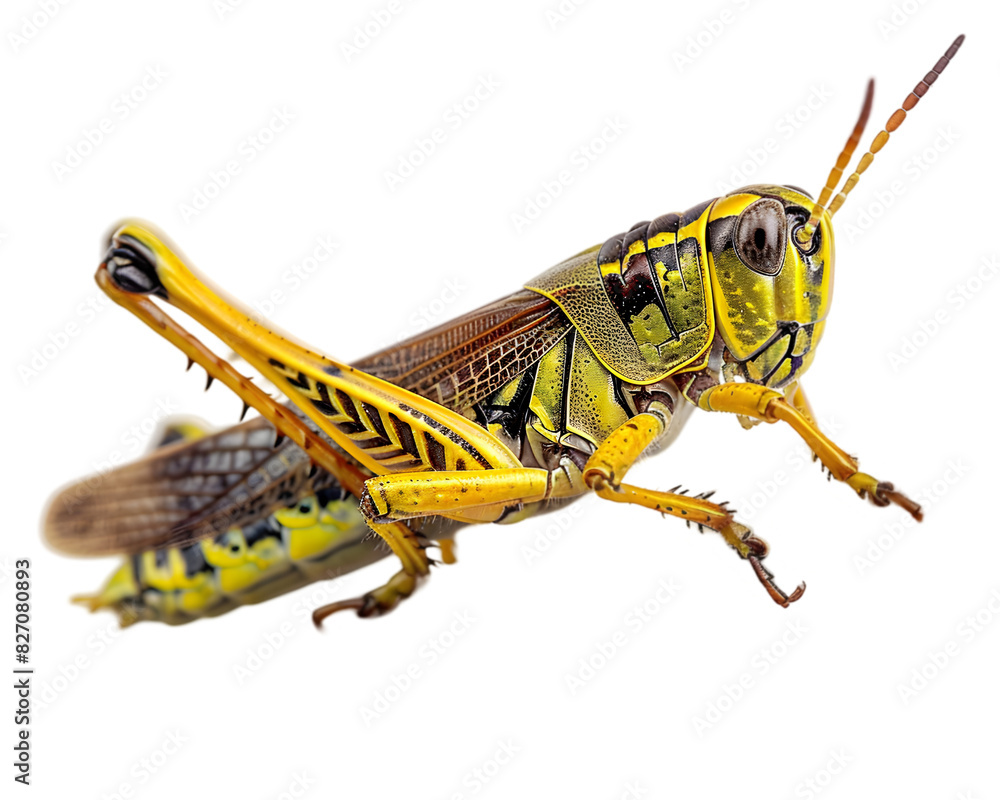 Fototapeta premium Grasshopper on wooden stem on transparent background