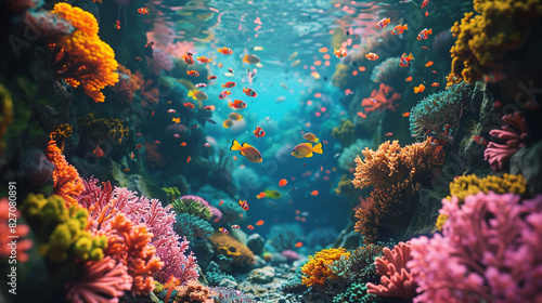 A pristine coral reef teeming with tropical marine life.