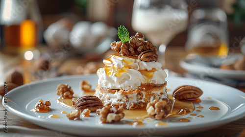 Greek yogurt dessert with honey and walnuts nuts