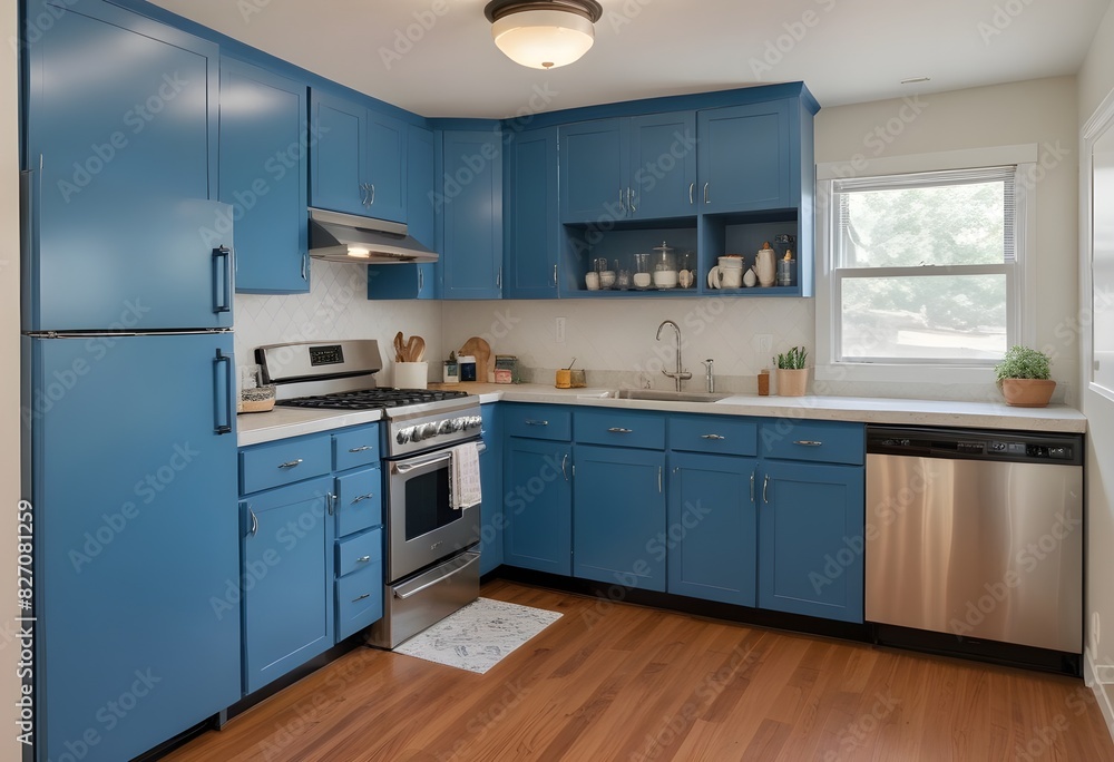 A kitchen with blue cabinets a stove and a microwave A kitchen with blue cabinets a stove and a microwave
