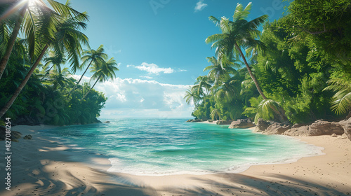 A secluded beach with towering palm trees and crystal waters.