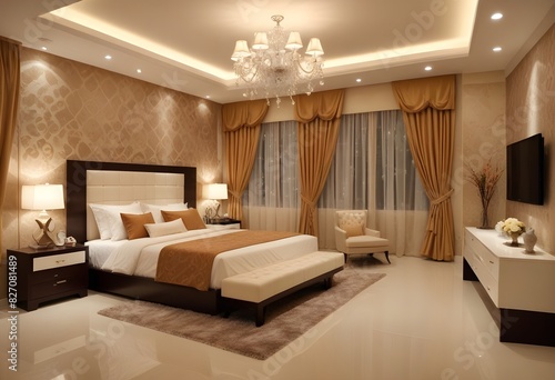 A hotel room with a bed and a lamp on the wall