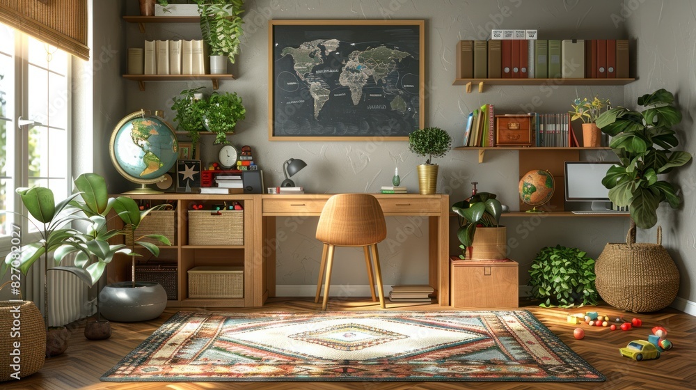 Modern children's room at home. Spacious interior with a desk for studying, a chair, bookshelves, chalkboard, Earth globe, green plants, boxes, toys, and a play area with a rug, and laminate flooring Modern children's room at home. Spacious interior with a desk for studying, a chair, bookshelves, chalkboard, Earth globe, green plants, boxes, toys, and a play area with a rug, and laminate flooring