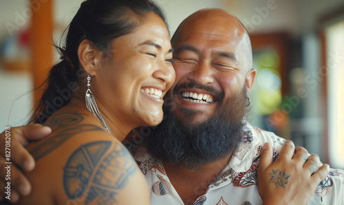 Happy Samoan couple laughing together in a bright room, family at new home, generated ai